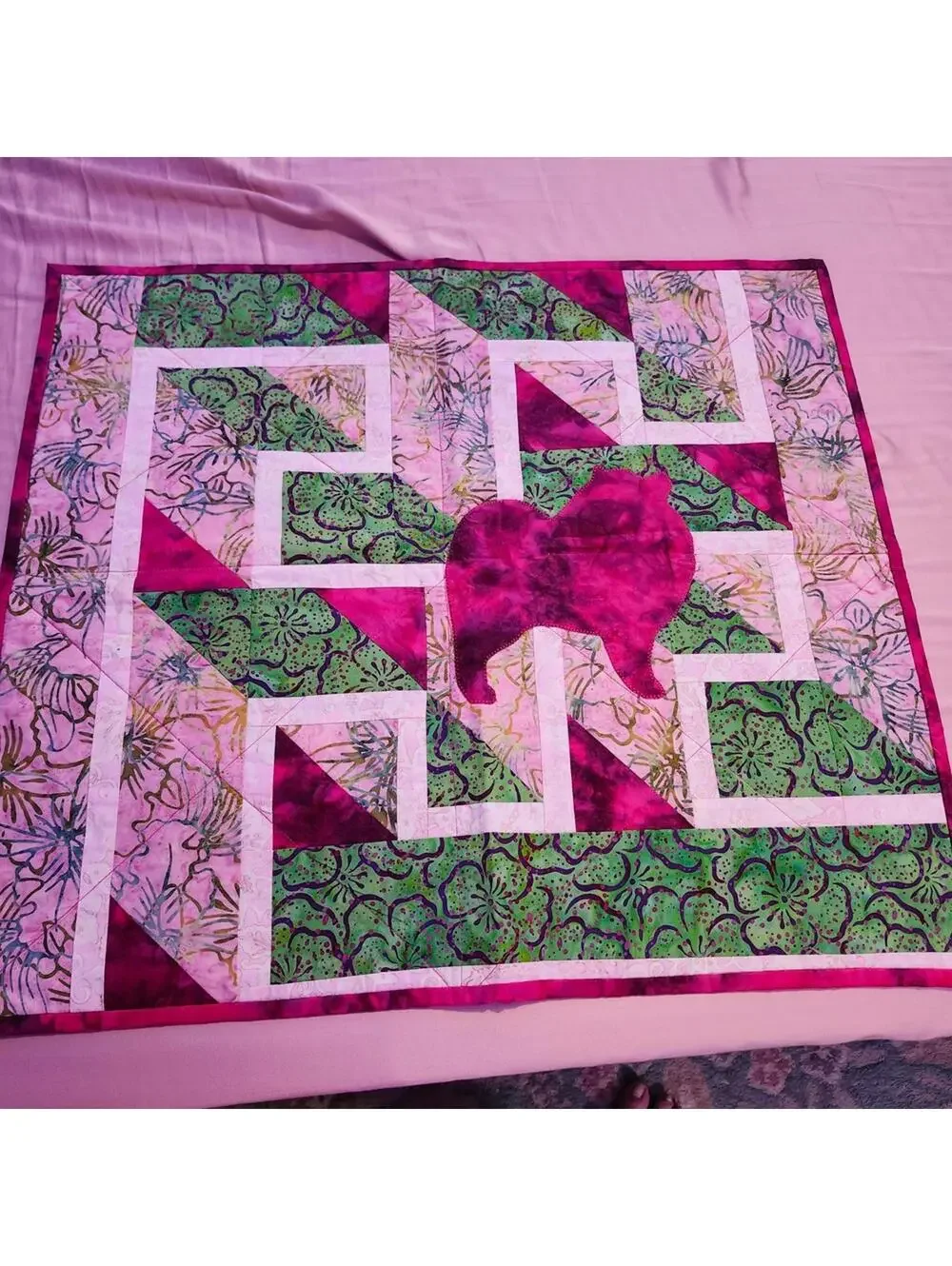 Colorful Patchwork Quilt with Dog Silhouette 21 x 24 Inch